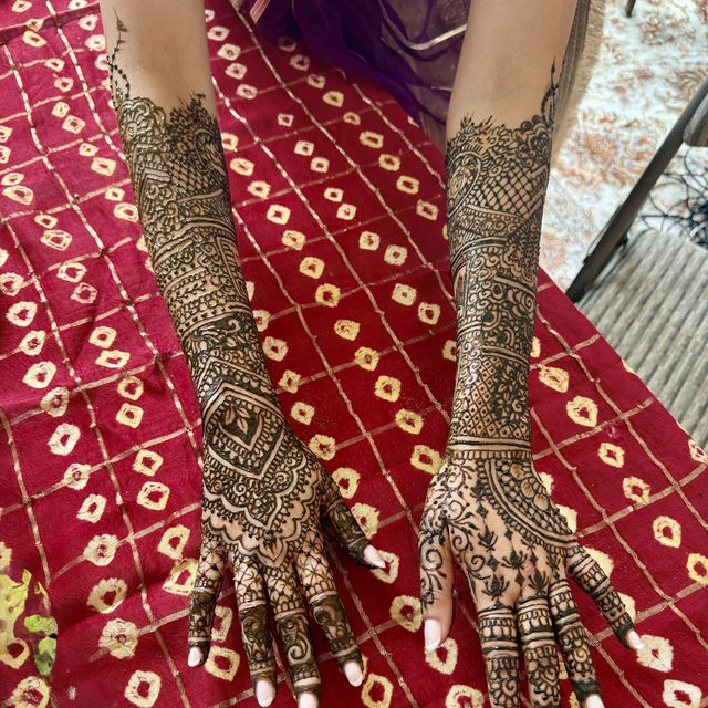 Elaborate bridal henna design covering both forearms