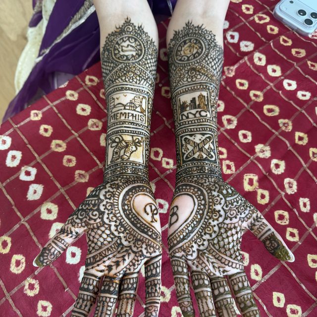 Custom bridal henna palms with initials and heart design