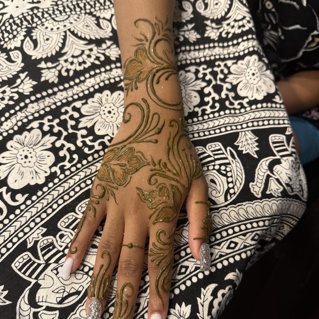 Floral henna pattern covering the back of the hand