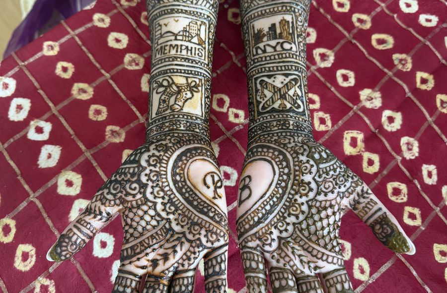Custom bridal henna palms with initials and heart design
